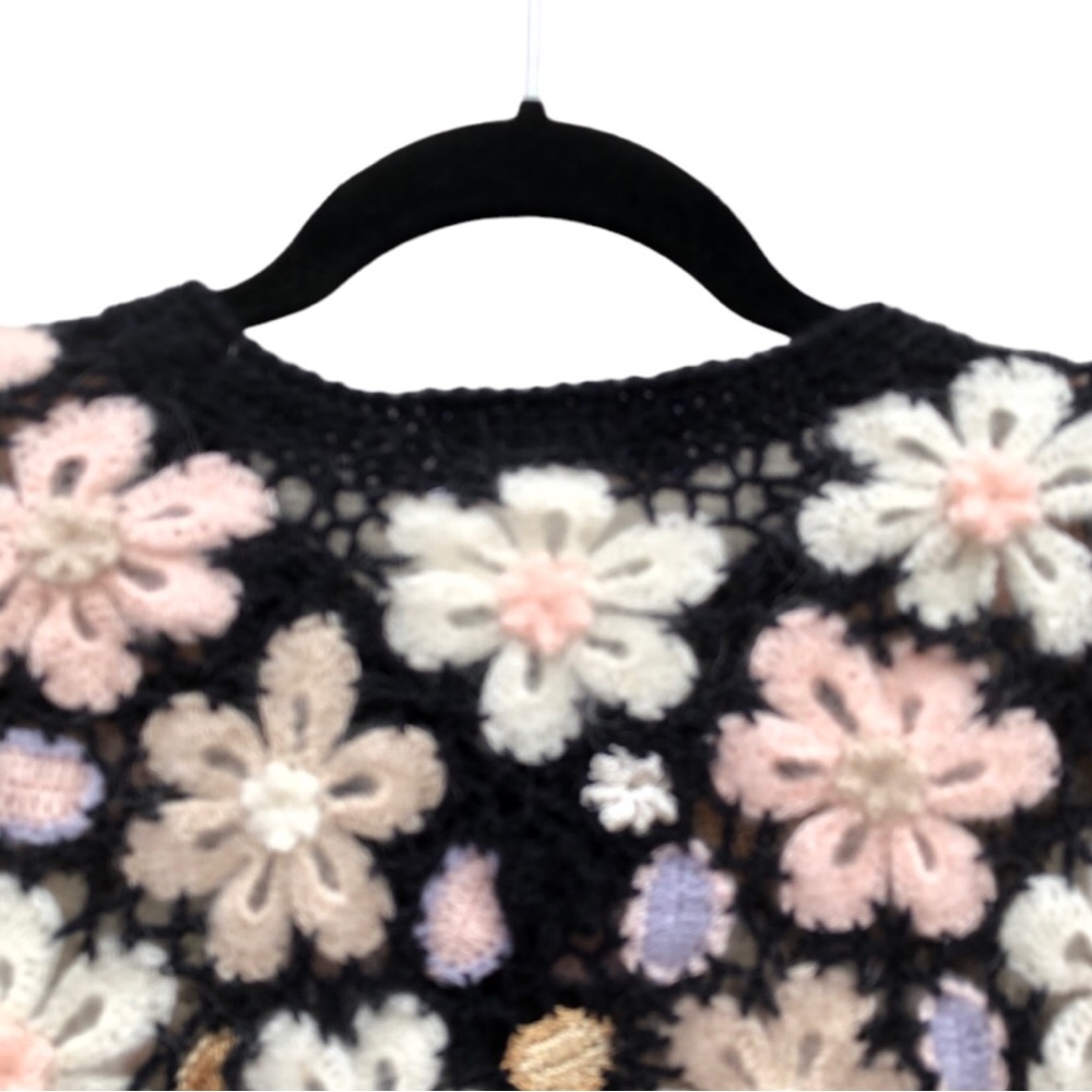 RARE‼️ Crochet Cardigan Mohair Black Floral Button Down , by Flame Size L - Picture 5 of 16